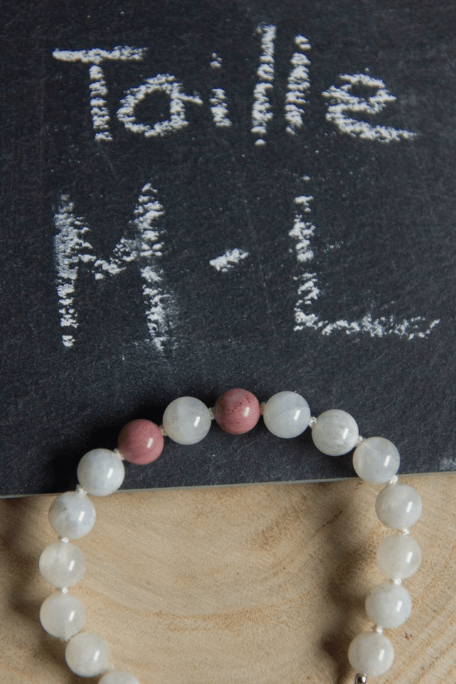 (M-L) Pierre de lune & Rhodonite rose / Bracelet coulissant inox et fil de soie