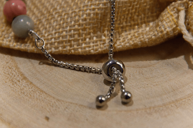(XS-S) Œil d'aigle & Rhodonite rose / Bracelet coulissant inox et fil de soie