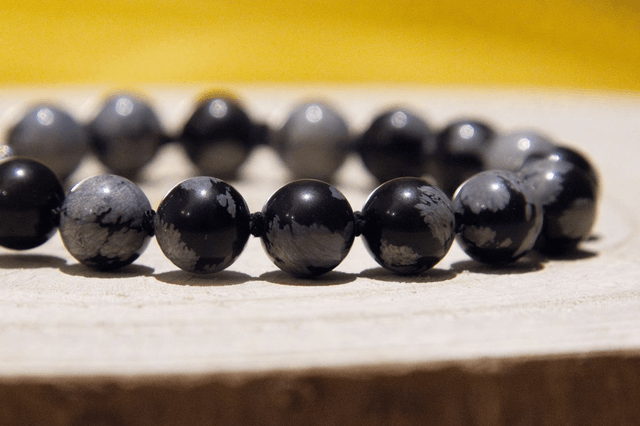 (M-L) Obsidienne flocon de neige / Bracelet coulissant inox et fil de soie