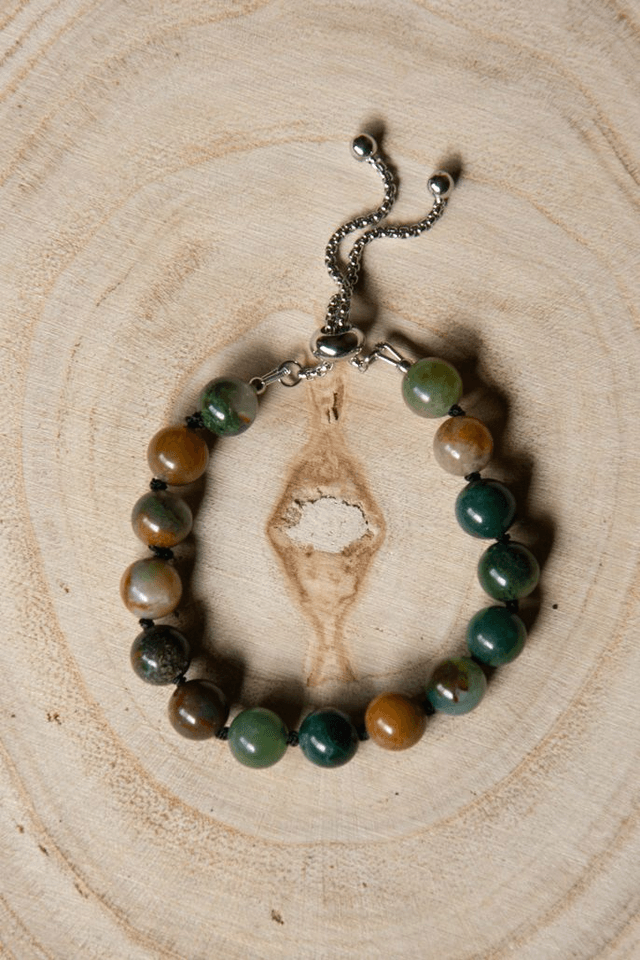 (XS-S) Agate indienne / Bracelet coulissant inox et fil de soie