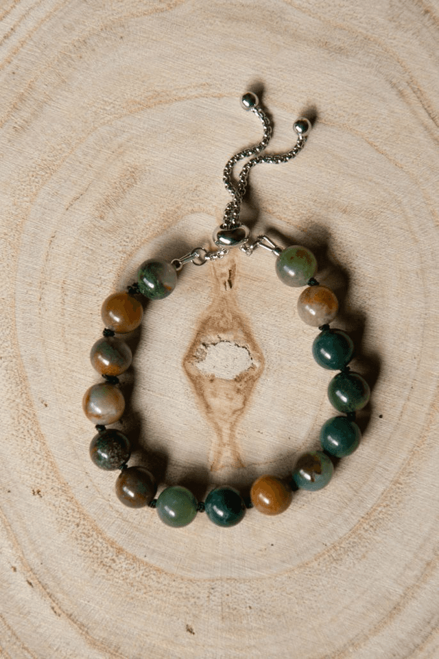(XS-S) Agate indienne / Bracelet coulissant inox et fil de soie